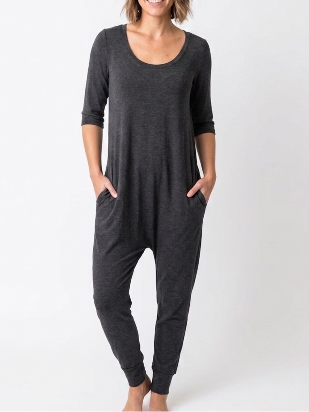 WOOLY DOODLE Charcoal Grey Bamboo Blend Romper Drop Crotch Pockets Medium